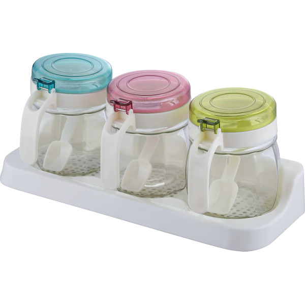 ガラス製カラフル調味料カップ３個セット（スプーン付）