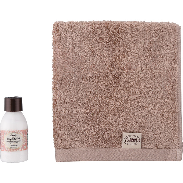 ＳＡＢＯＮ　シルキーボディミルク５０ｍｌ＆オーガニックタオル　グリーン・ローズ