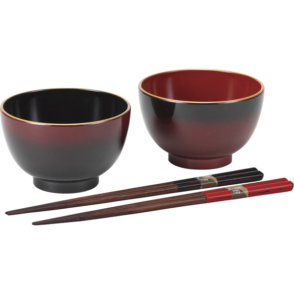 ぼかし塗　汁椀ペア（箸付）　汁椀：黒・朱、箸：曙・根来