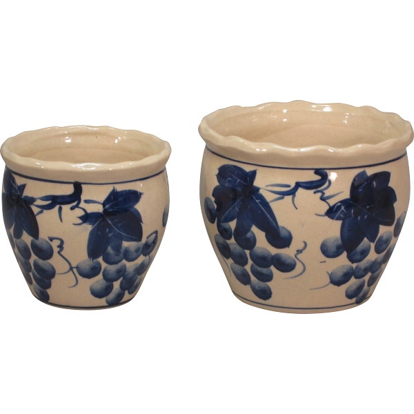 陶器植木鉢２点セット　ブドウ柄