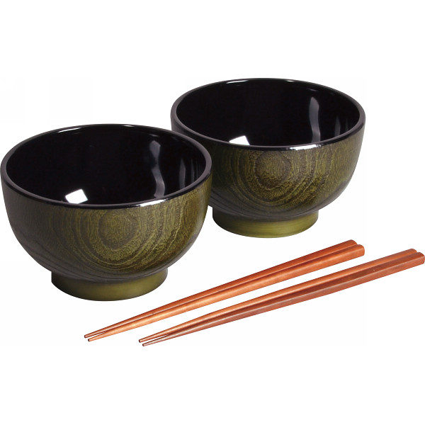 杢目塗　どんぶり椀２客（箸付）　抹茶杢