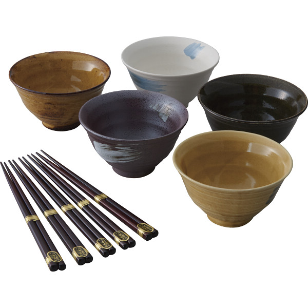 釉彩　茶漬碗５客揃　箸付