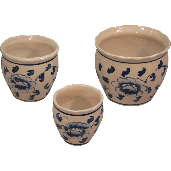 陶器植木鉢３点セット　花柄Ｂ