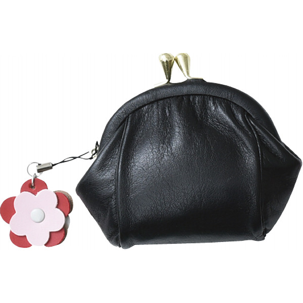 良品工房　日本製牛革がま口財布（ストラップ付）　黒