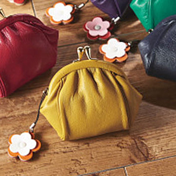 良品工房　日本製牛革がま口財布（ストラップ付）　黄