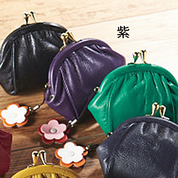 良品工房　日本製牛革がま口財布（ストラップ付）　紫