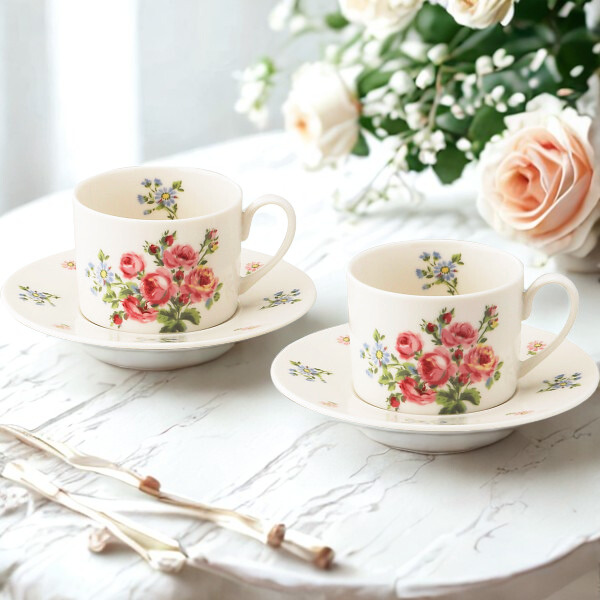 ローラアシュレイ　バンチェッドロージズ　ペア碗皿セット　