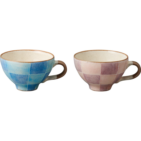 手描き色市松　ペアスープカップ