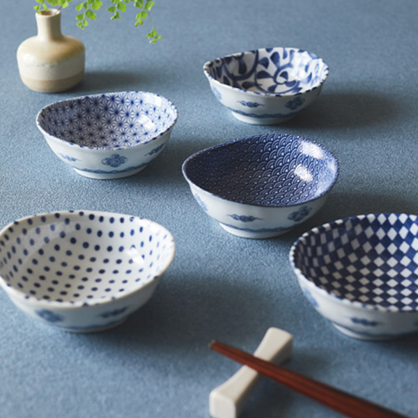 藍染　楕円小鉢５柄揃