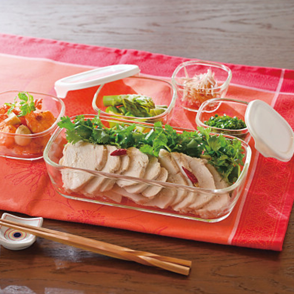 スタッキング耐熱ガラス製コンテナ＋ミニ角小鉢５個セット