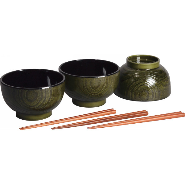 杢目塗　どんぶり椀３客揃（箸付）　抹茶杢