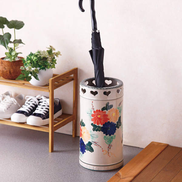 陶器傘立て　赤花柄