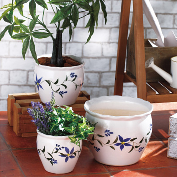 陶器植木鉢３点セット　花柄Ａ