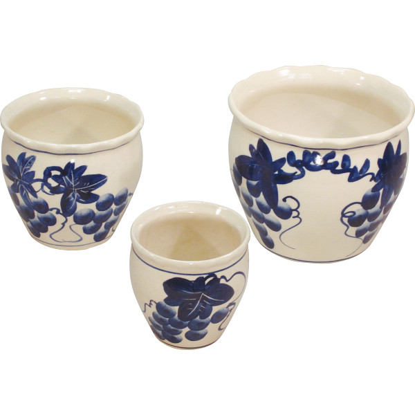 陶器植木鉢３点セット　ブドウ柄