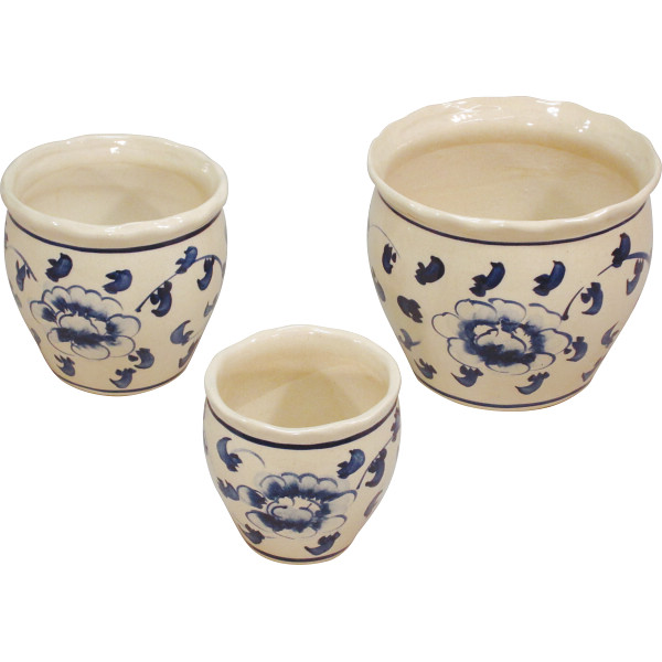 陶器植木鉢３点セット　花柄Ｂ