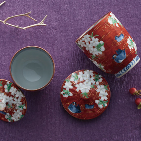 清水焼　朱濃鴛鴦　蓋付組湯呑