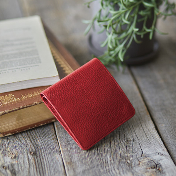 良品工房　日本製牛革二つ折財布　レッド