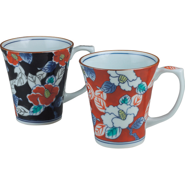 伊万里焼　黒彩椿・朱彩椿　ペアマグ