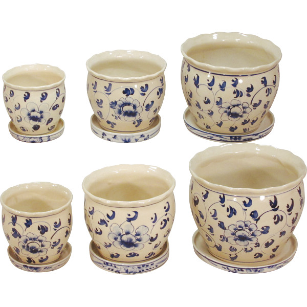 陶器植木鉢６点セット（受皿付）　花柄Ｂ