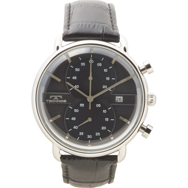 テクノス　レザーベルトクロノグラフメンズ腕時計　ブラック