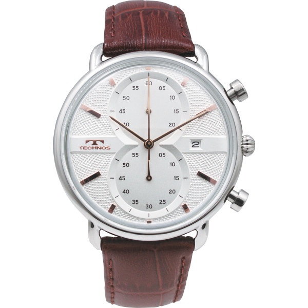 テクノス　レザーベルトクロノグラフメンズ腕時計　シルバー