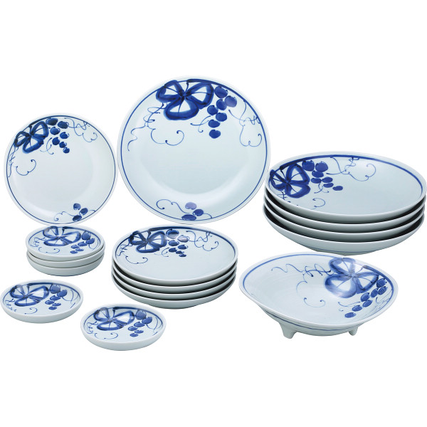 波佐見焼　古染青磁ぶどう絵　トレイセット１６点セット（三ツ足鉢）