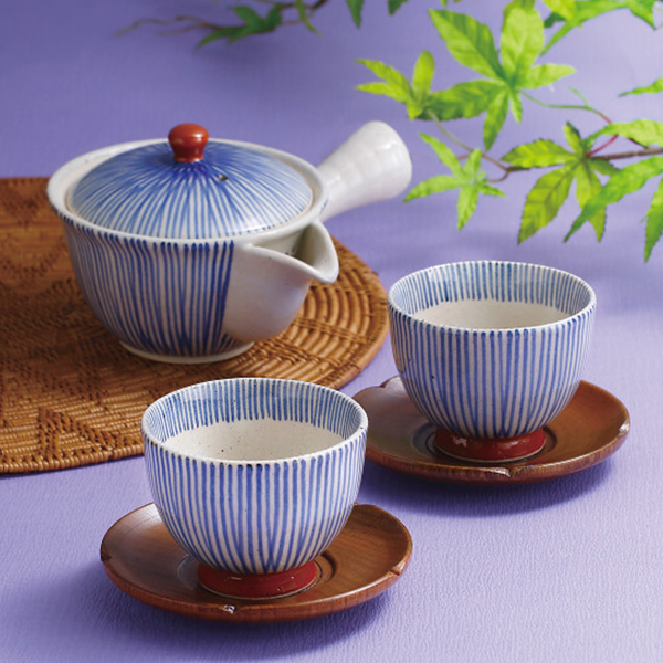 波佐見焼　朱巻十草　急須茶器揃（茶托付）