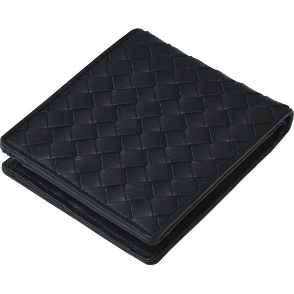 良品工房　日本製牛革編込二折れ財布　黒