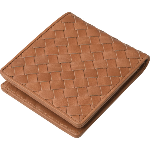 良品工房　日本製牛革編込二折れ財布　キャメル