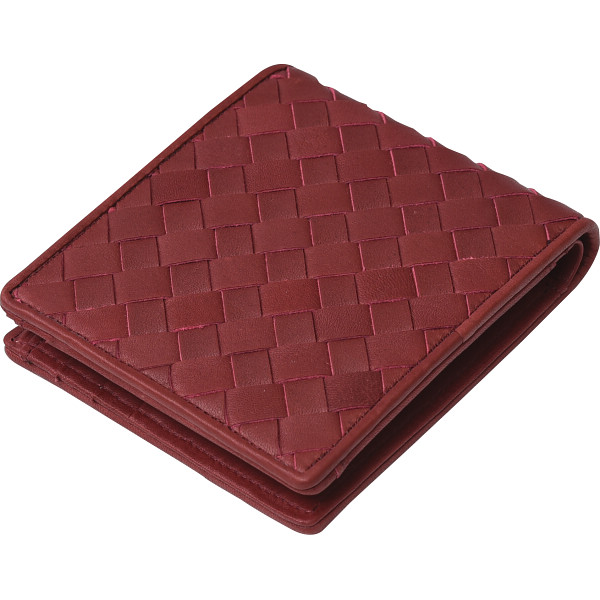 良品工房　日本製牛革編込二折れ財布　赤