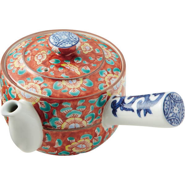 清水焼　赤濃牡丹唐草　急須