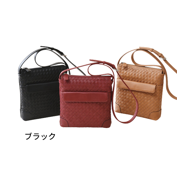 良品工房　日本製牛革編みこみショルダーバッグ　ブラック