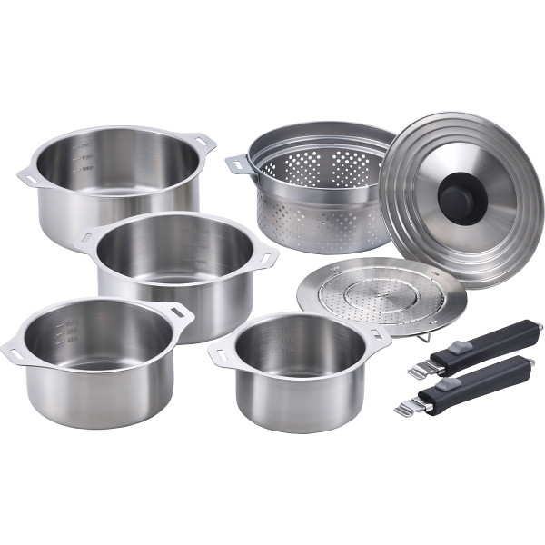 燕三　ハンドル着脱式鍋４点セット（蒸し台・中かご付）