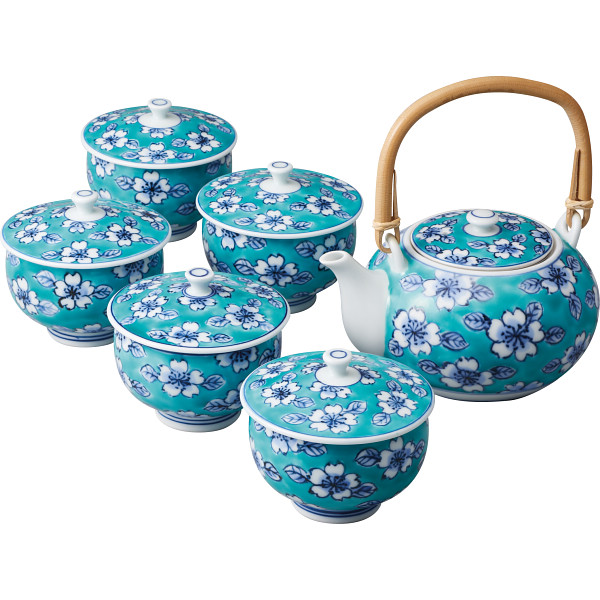 有田焼　福丈窯　染錦緑彩桜絵　番茶器揃