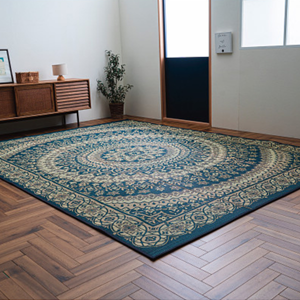 日本製メダリオン柄い草カーペット（Ｓ）　ネイビー
