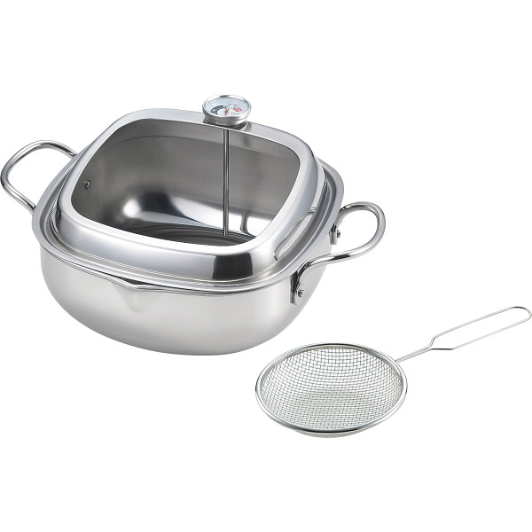 食彩亭　ステンレス角型天ぷら鍋（２０ｃｍ）すくい油切り付