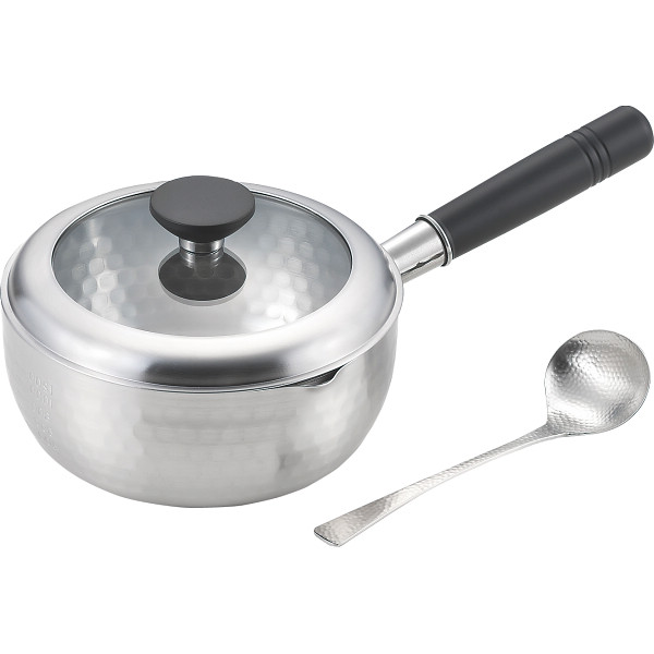 銀鱗　蓋付き槌目雪平鍋（１８ｃｍ）お玉付