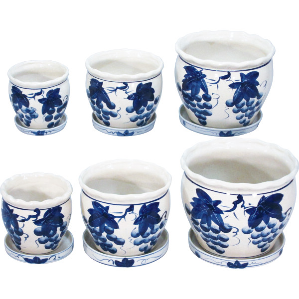 陶器植木鉢６点セット（受皿付）　ブドウ柄