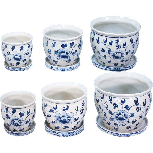 陶器植木鉢６点セット（受皿付）　花柄Ｂ