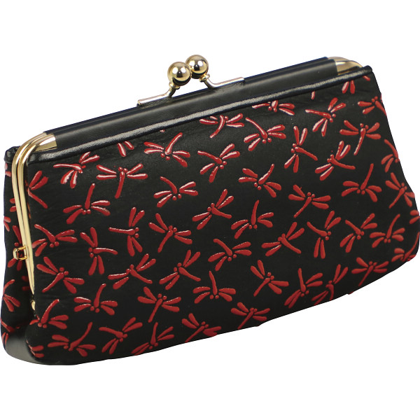 印伝トンボ柄あおりポケット付き親子がま口財布　レッド