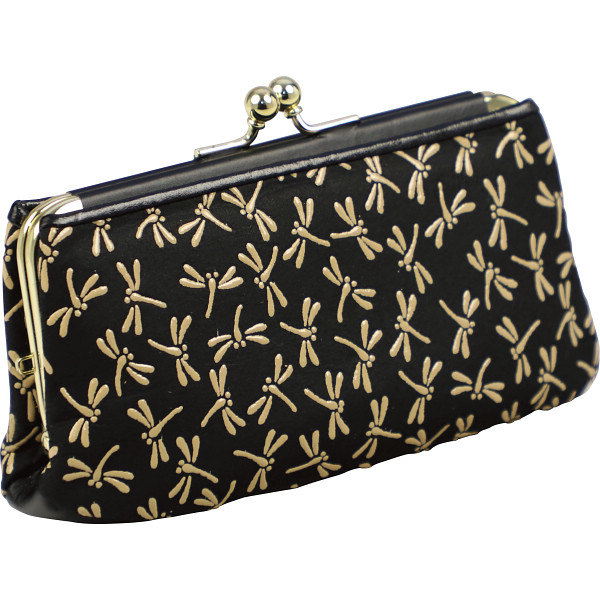 印伝トンボ柄あおりポケット付き親子がま口財布　ベージュ