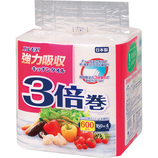エルモア強力吸収キッチンタオル３倍巻３枚重ね　４ロール