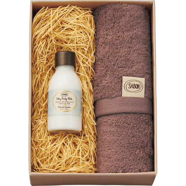 ＳＡＢＯＮ　シルキーボディミルク５０ｍｌ＆オーガニックタオル　A