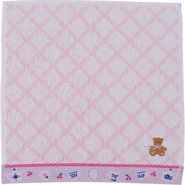 ロッティ 婦人タオルハンカチ チェック×くま刺繍ピンク