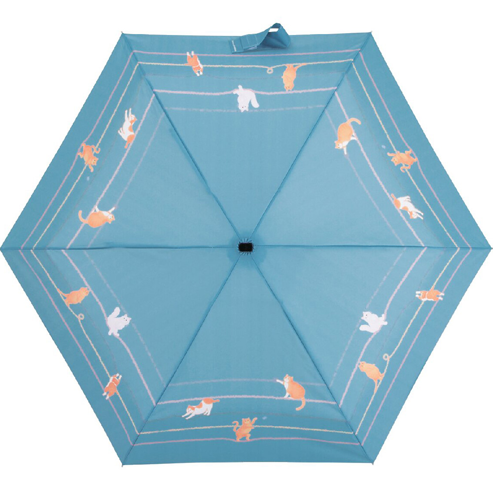 ニョッコ 折りたたみ傘 ボーダー遊び猫(サックスブルー)