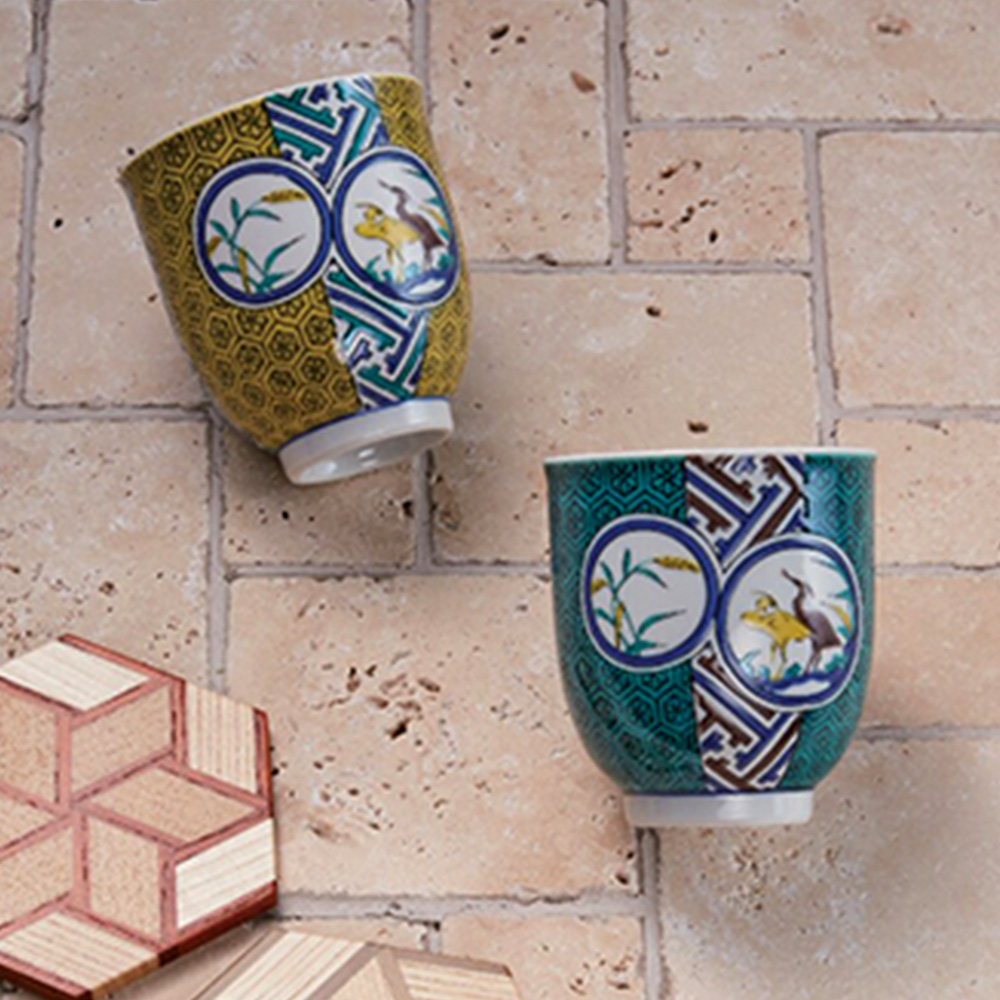 九谷焼 湯呑 亀甲文鷺の図(イエロー)