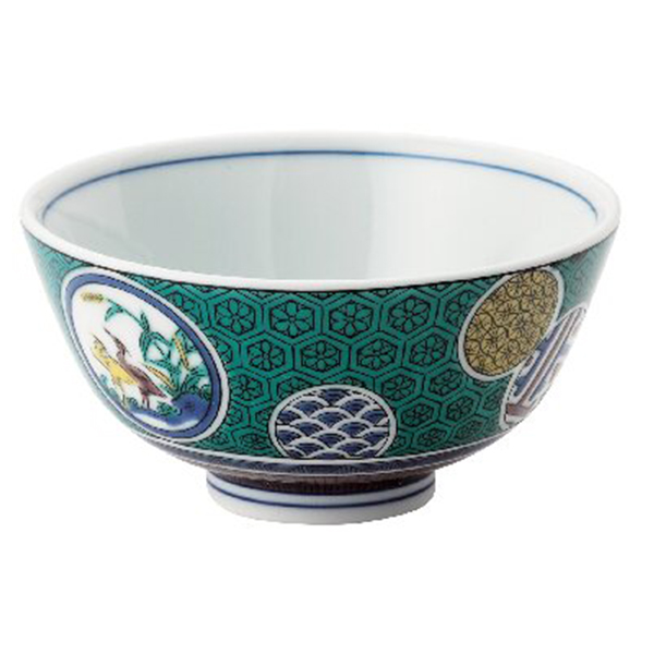 九谷焼 飯碗 亀甲文鷺の図(グリーン)