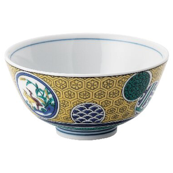 九谷焼 飯碗 亀甲文鷺の図(イエロー)