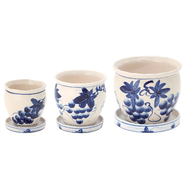 陶器植木鉢3点セット(ぶどう柄)(受皿付)