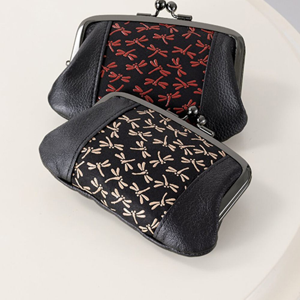 印伝トンボ柄中ポケット付がま口財布(ベージュ)